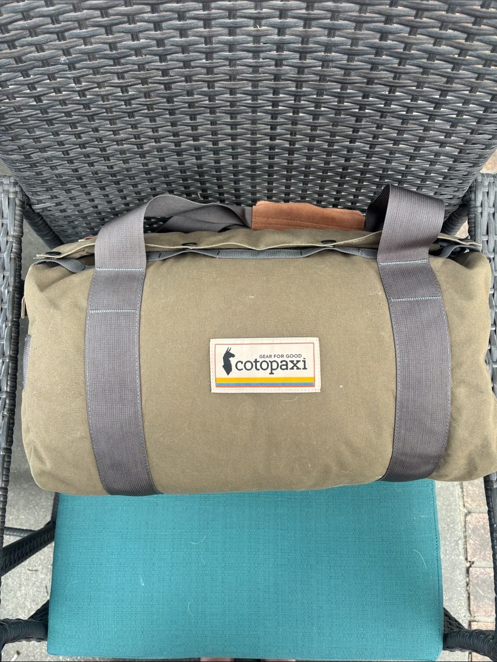 cotopaxi Olive Brown Canvas Duffel Bag with Gray Straps